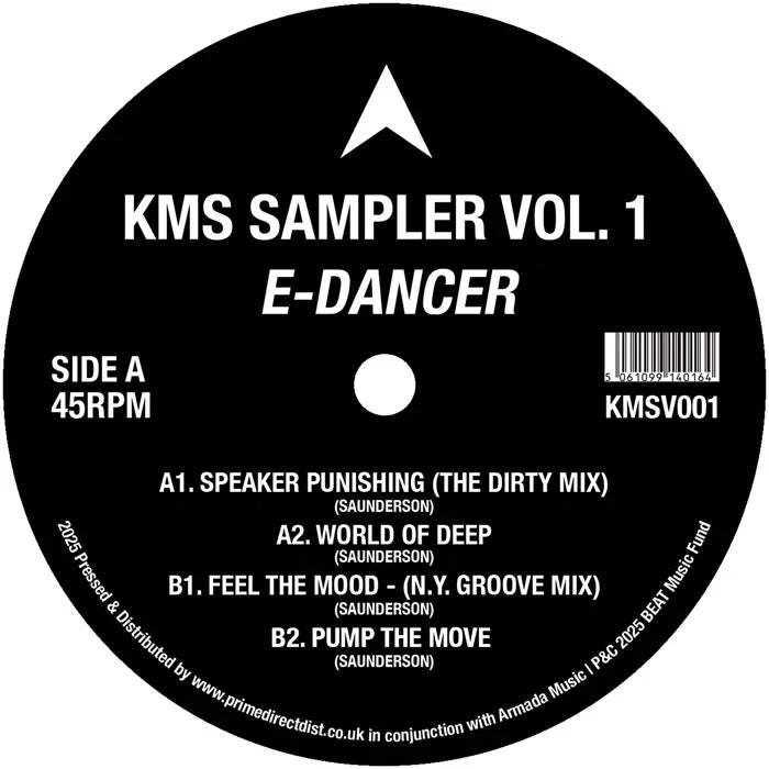KMS Sampler Vol. 1 E-Dancer vinyl record label with tracklist and branding.