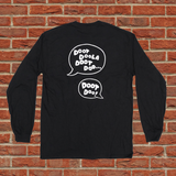 Black long-sleeve shirt with white text design on a brick wall background