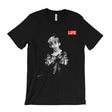 A black short-sleeve crewneck t-shirt featuring a black and white graphic print of a young man in a leather jacket, with a red rectangular box containing the word 'LIFE' printed on the chest.
