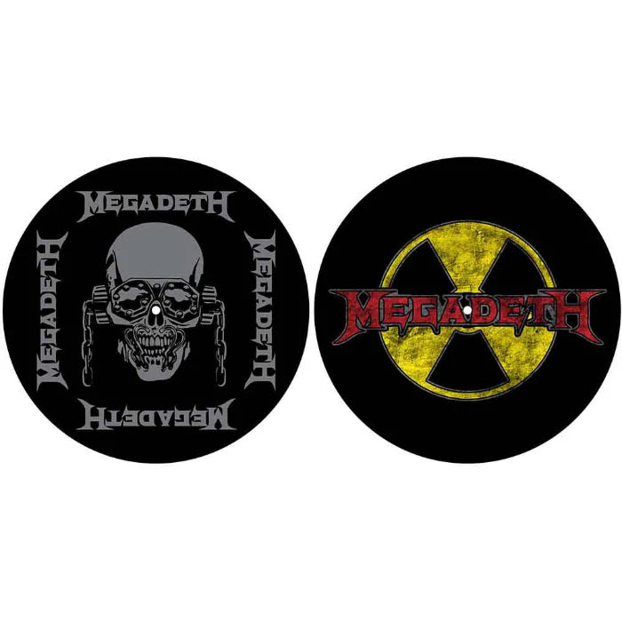 Two Megadeth logo coasters on a white background