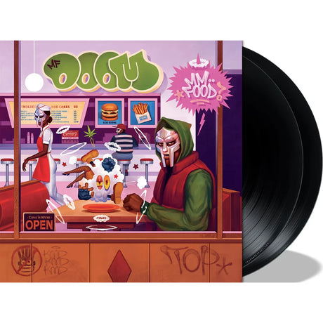 Vinyl record with a colorful cover featuring a character in a mask at a diner counter.