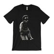 A black short-sleeve crewneck t-shirt featuring a black and white graphic print of jazz musician John Coltrane holding a trumpet.