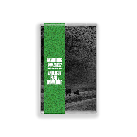 Cassette tape with green label featuring text and a black and white landscape