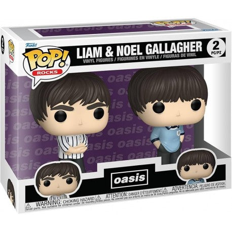 Funko Pop! Rocks packaging featuring Liam and Noel Gallagher figures with Oasis branding.