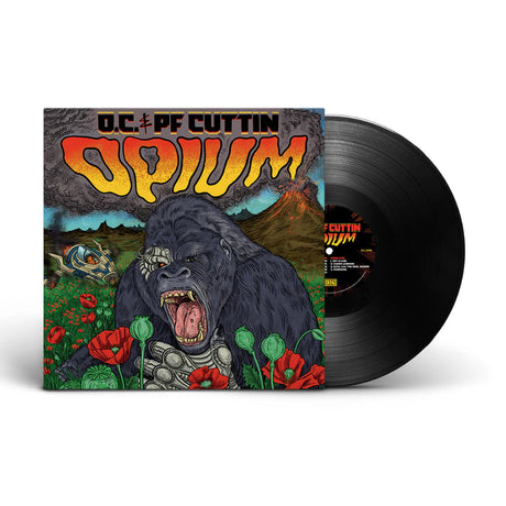 Vinyl record with a colorful cover featuring a gorilla and text on a white background