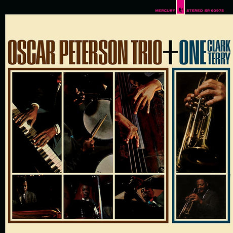 Album cover of Oscar Peterson Trio featuring close-up shots of musicians playing instruments.