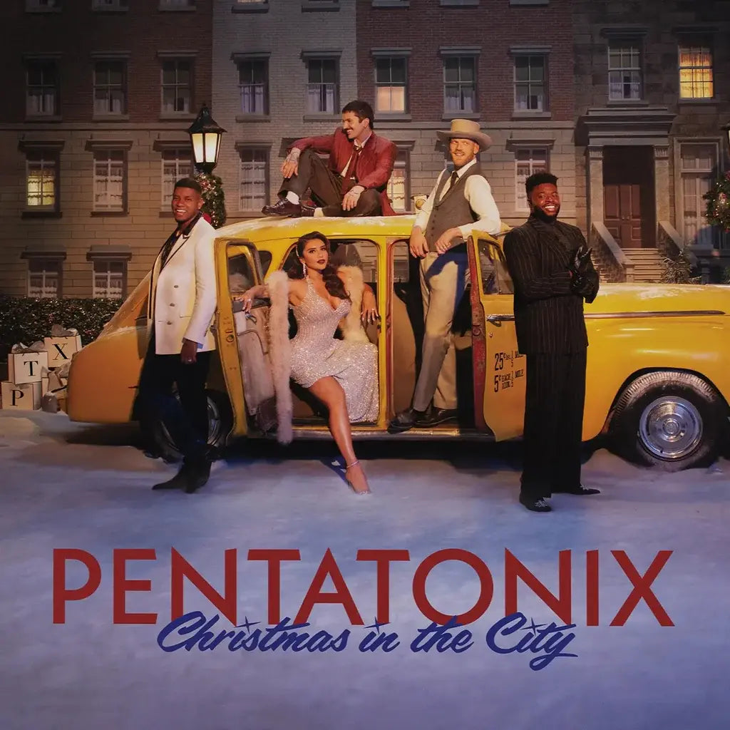 Album cover for 'Christmas in the City' by Pentatonix featuring a yellow taxi and people around it.