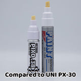 Two paint markers shown on a light gray background, labeled 'PAINT MARKER' and 'PIXO 38', with a text overlay at the bottom reading 'Compared to UNI PX-30'.