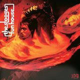 Album cover art for 'the stooges - funhouse', featuring a stylized illustration of a man and woman surrounded by swirling red, orange, and black abstract shapes, with the band name in large white text on the left.