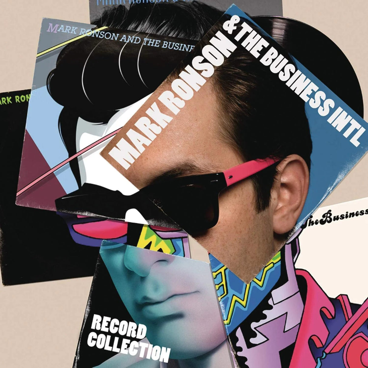 Person wearing sunglasses with a record cover design featuring Mark Ronson and The Business Intl.