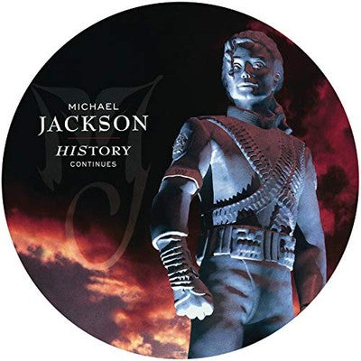Album cover for 'History Continues' by Michael Jackson with a stylized depiction of the artist.