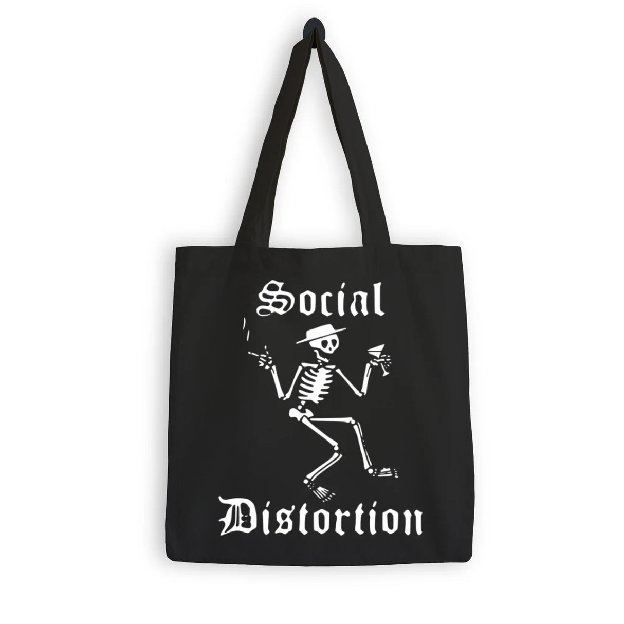 Black tote bag with skeleton graphic and 'Social Distortion' text on a white background