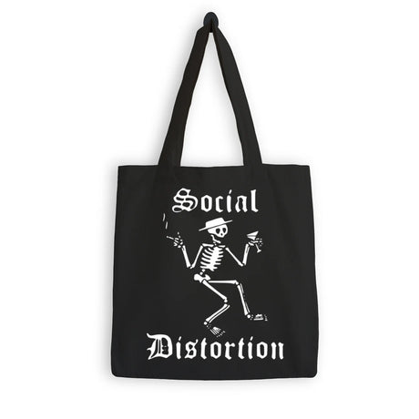 Black tote bag with skeleton graphic and 'Social Distortion' text on a white background