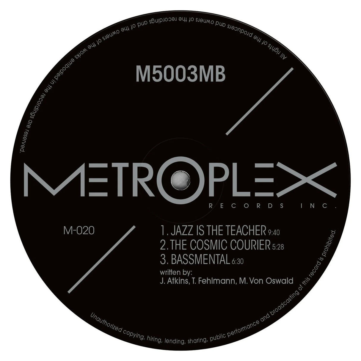 Black vinyl record label with 'Metroplex Records Inc.' branding and tracklist.