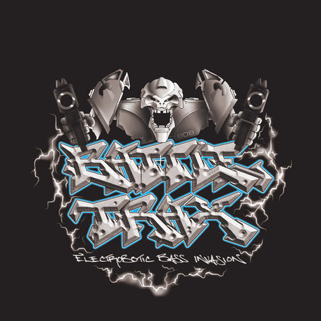 Logo with mechanical design and text on a black background