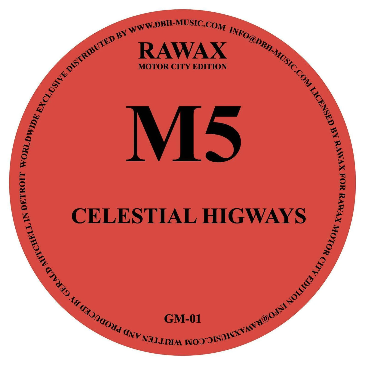 Round red label with black text for M5's 'Celestial Highways' on a white background