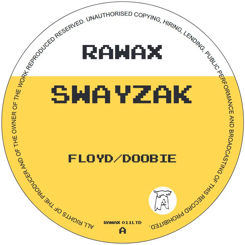 Round label with 'RAWAX' and 'Swayzak' text on a yellow background
