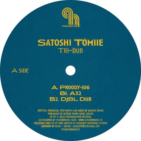 Vinyl record label with yellow text on a blue background