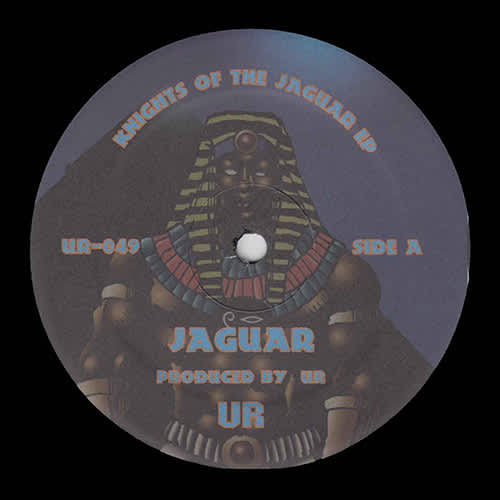 Vinyl record with a pharaoh design and text on a dark background