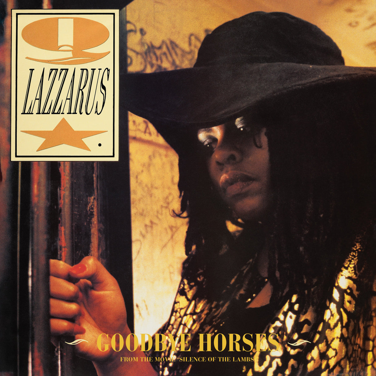 Album cover with a person holding bars, featuring the title 'Goodbye Horses' and the name 'Lazzaruss'.