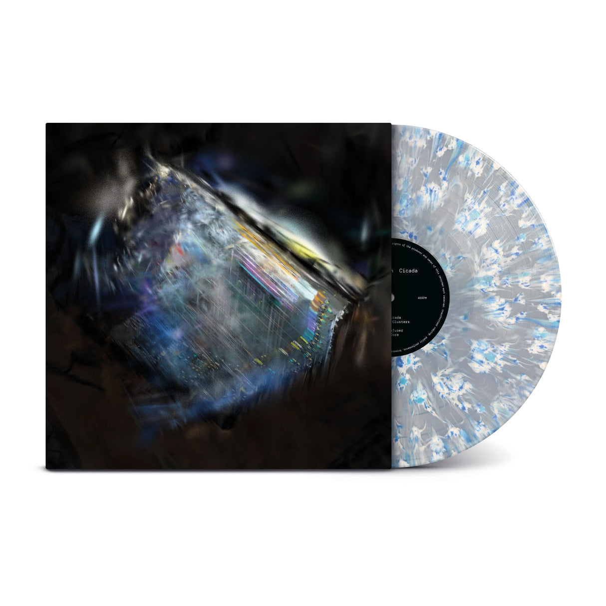 Vinyl record with a colorful, iridescent design on a white background