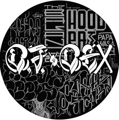 Circular graphic with stylized text and symbols, featuring the letters 'O', 'V', 'D', and 'X'.