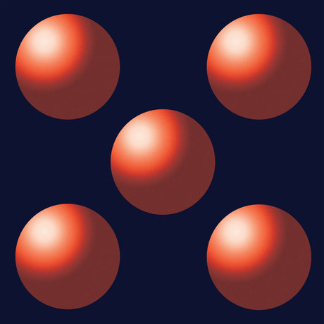 Five red spheres on a dark blue background