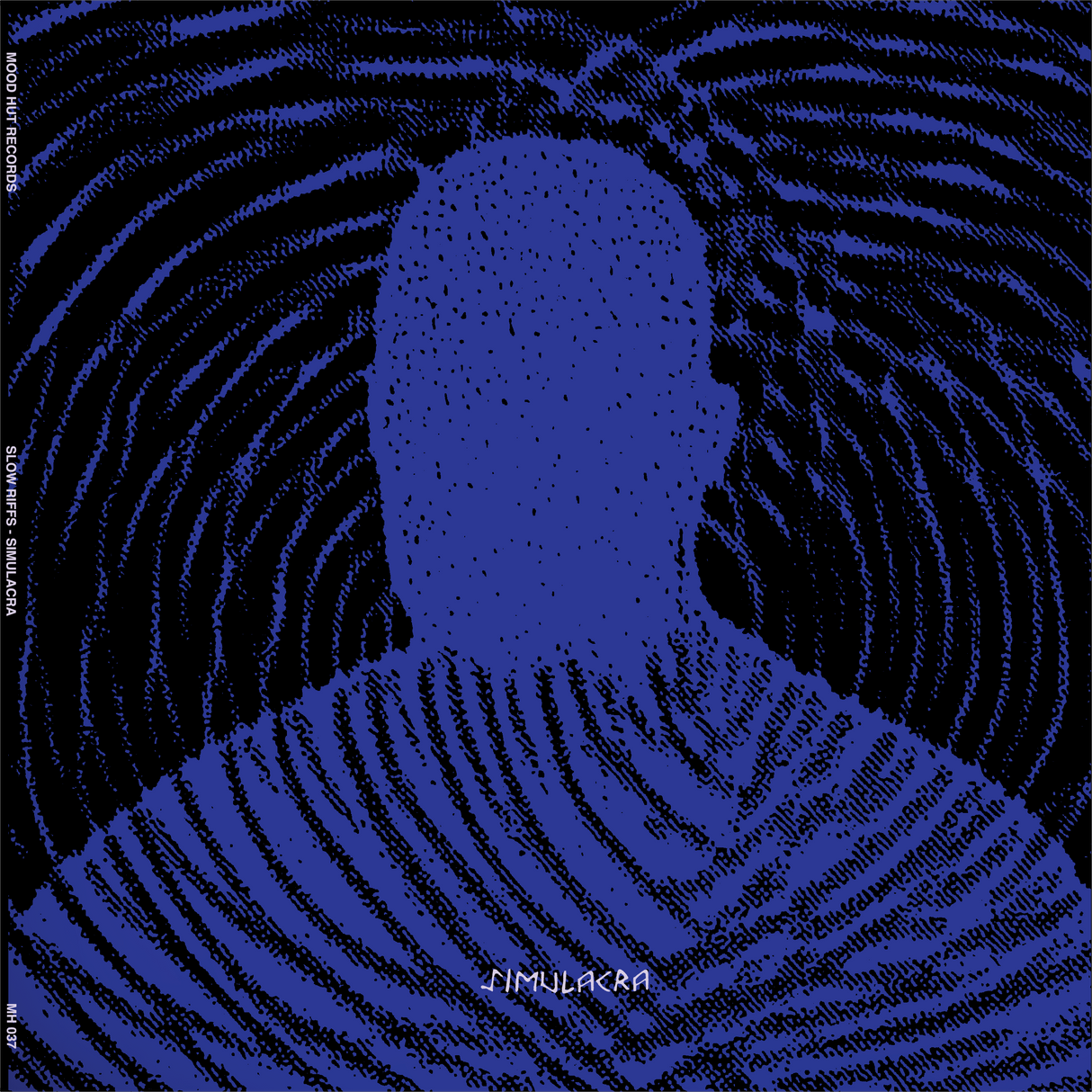 Album cover with a blue and black abstract design, featuring the word 'Simulacra'.