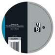 Vinyl record label with text and branding on a white background