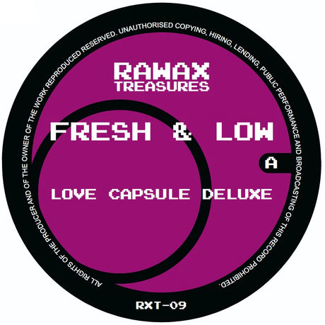 Vinyl record label for 'Rawax Treasures Fresh & Low Love Capsule Deluxe' with purple center and black border.