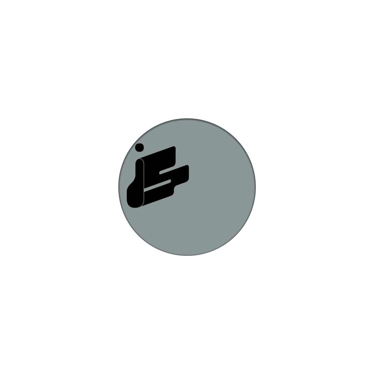 A circular gray patch featuring a stylized black logo, centered on a plain white background.