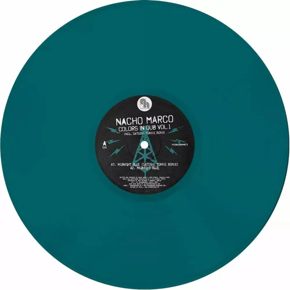 Teal vinyl record with a black label featuring 'Nacho Marco' on a white background