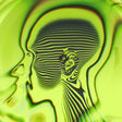 Mystical and abstract design of a face with wavy patterns on a green background