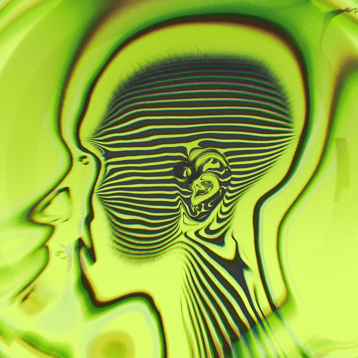 Mystical and abstract design of a face with wavy patterns on a green background