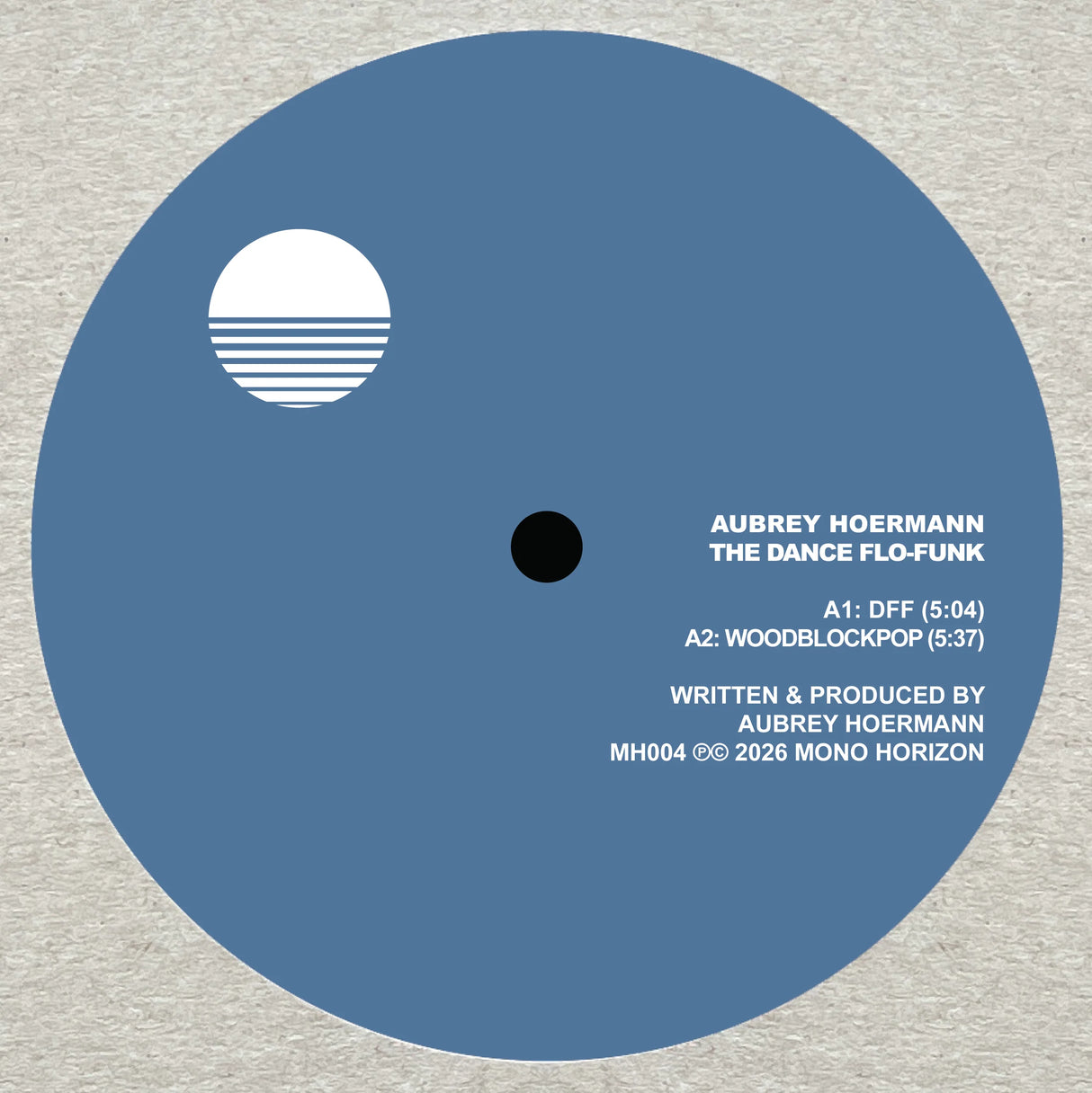 Vinyl record label with text and a logo on a gray background