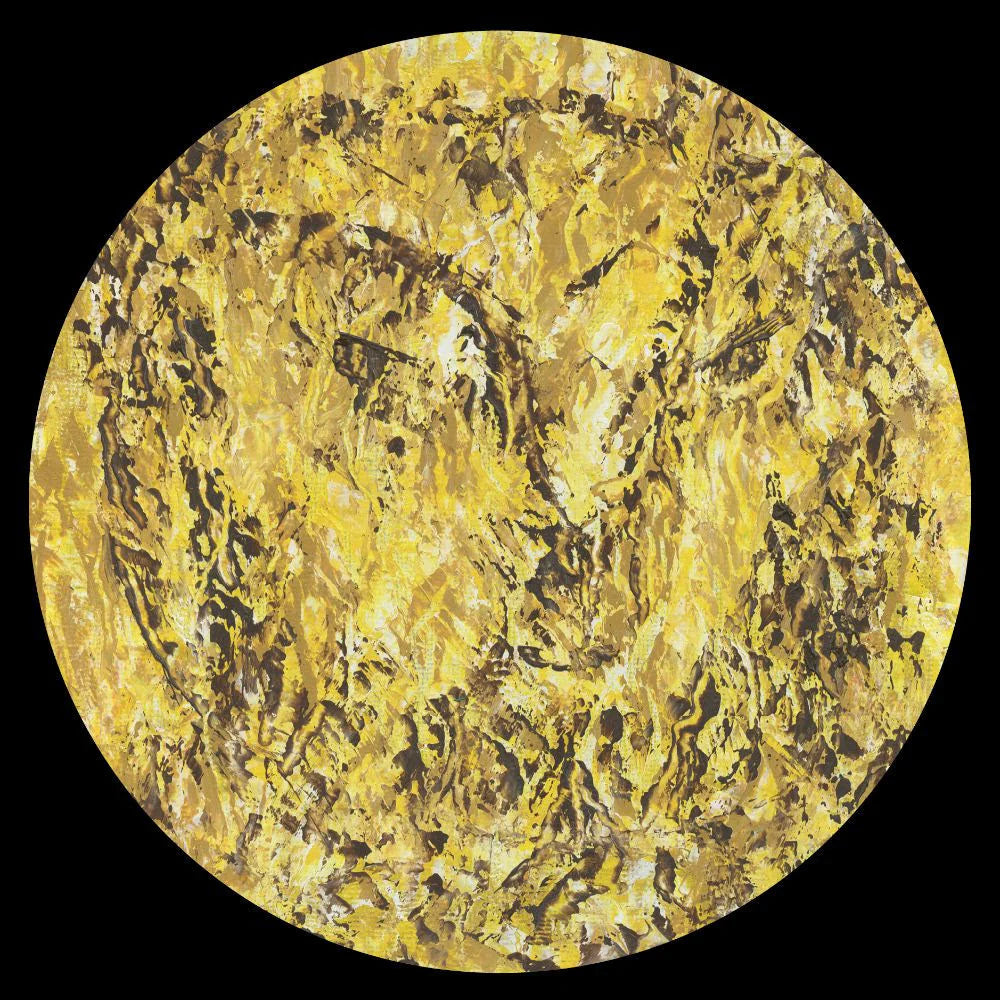 Round abstract painting with gold and brown tones on a black background