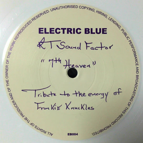 Vinyl record label with text 'Electric Blue' and 'T Sound Factor' on a white background