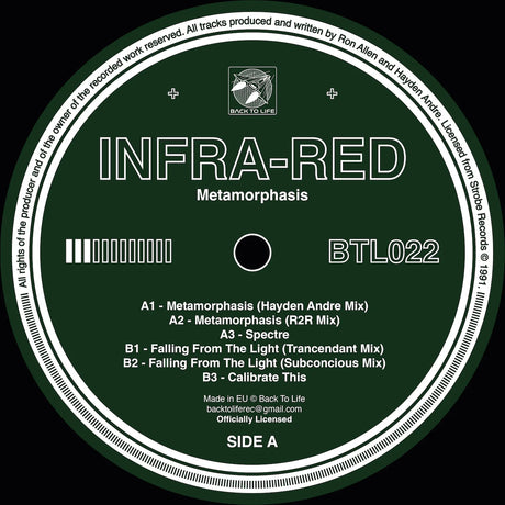 Vinyl record label for 'Infra-Red' album with tracklist and branding.