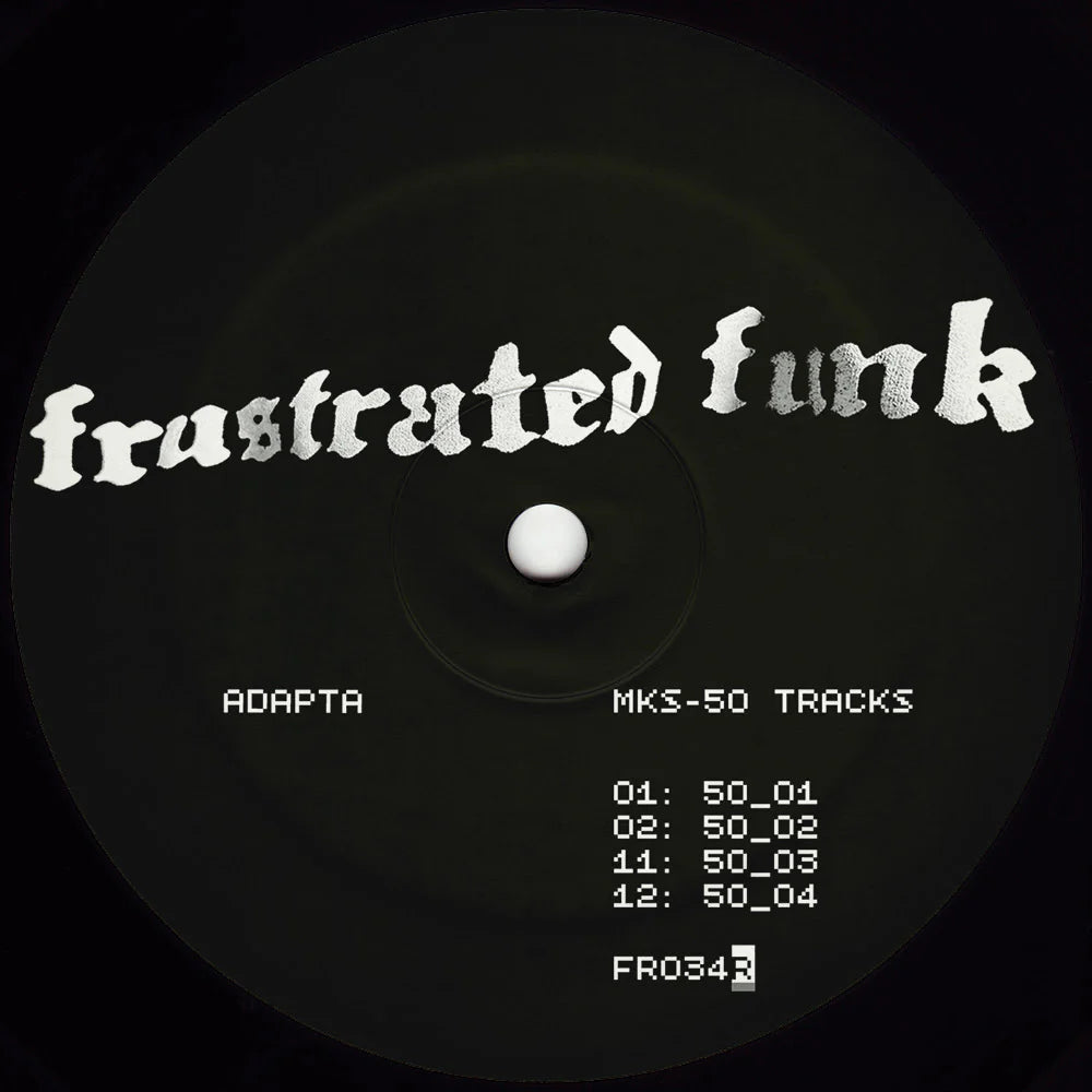 Vinyl record with 'frustrated funk' text and track listing on a black background
