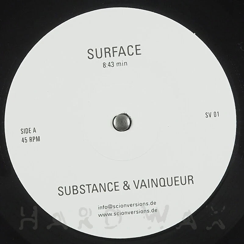 Vinyl record label with 'Surface' and 'Substance & Vainqueur' text on a black background
