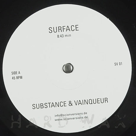 Vinyl record label with 'Surface' and 'Substance & Vainqueur' text on a black background