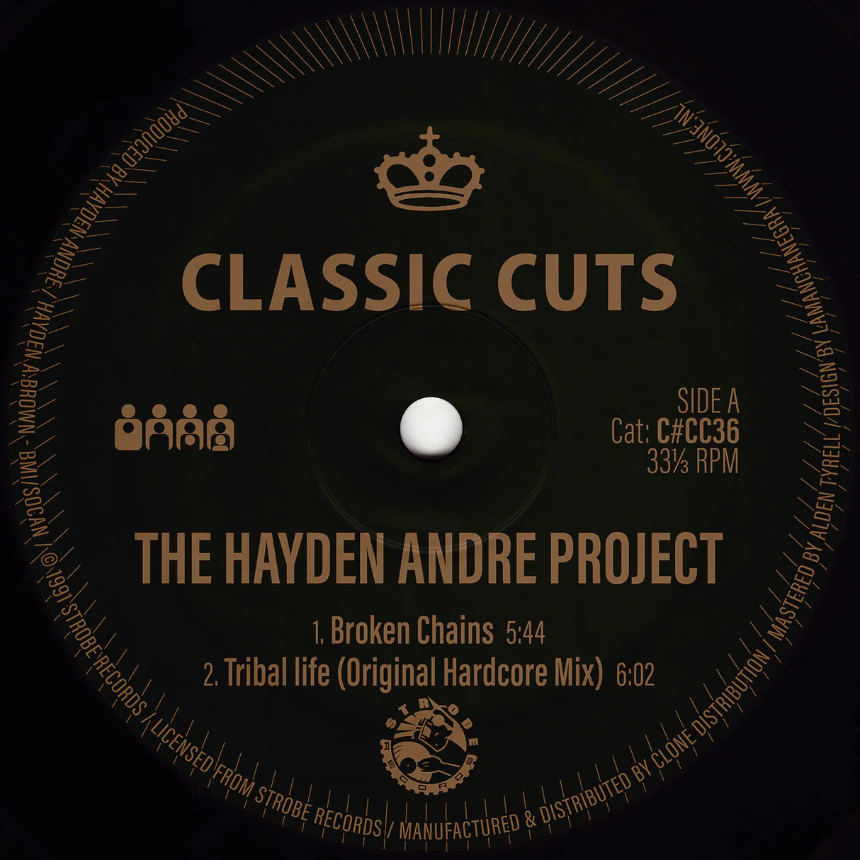 A vinyl record label design for 'Classic Cuts' by 'The Hayden Andre Project', featuring gold text and graphics on a black background.