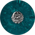 Vinyl record with a marbled green design and label on a white background