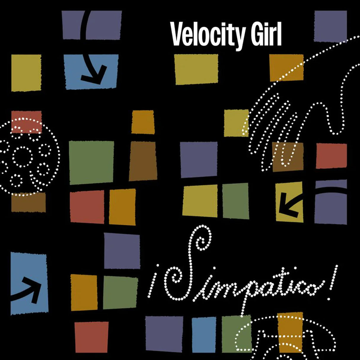 Album cover with colorful square patterns and 'Velocity Girl' text on a black background