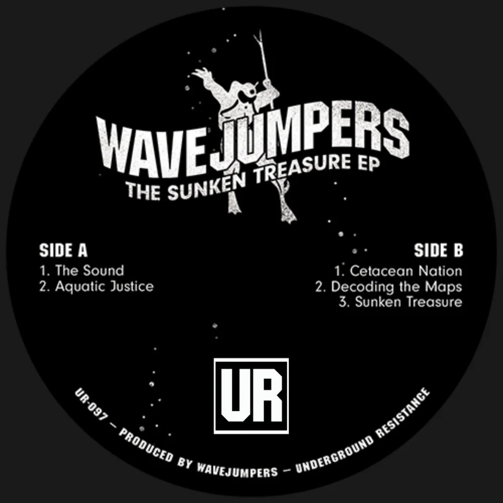 Vinyl record label for 'The Sunken Treasure EP' by Wavejumpers with track listing and UR logo.