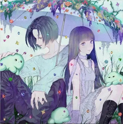 Two animated characters sitting under a colorful umbrella with flowers and butterflies.