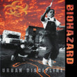 Album cover for Biohazard - Urban Discipline featuring a child jumping over a fire hydrant with a red and orange backdrop, and the band members in the foreground.