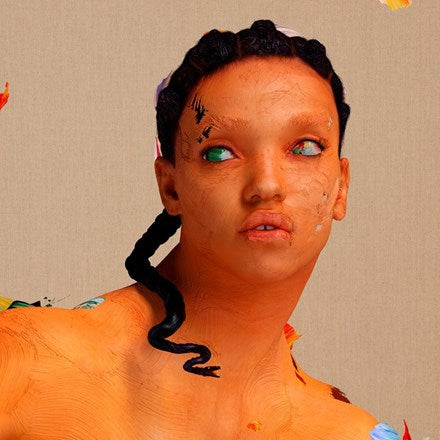 Album cover featuring a close-up portrait of FKA Twigs with a vibrant, textured background.