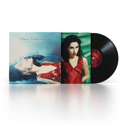 A vinyl LP record of PJ Harvey's album 'To Bring You My Love' with a picture of PJ Harvey lying down in a pool on the cover.