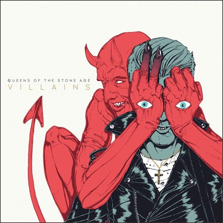 Cover art for Queens Of The Stone Age album 'Villains' featuring a red illustration of a figure with horns and a man covering his face with his hands.